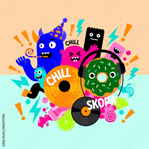Colorful cartoon monsters enjoying music with vinyl records and headphones.