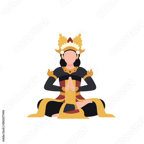Illustration of a traditional Balinese dancer sitting cross-legged in a lotus position with ornate golden headdress and costume against a plain white background.