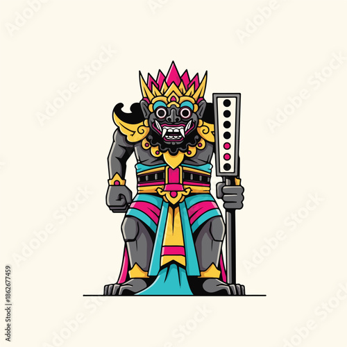 Illustration of a colorful Balinese Barong mask character wearing a traditional costume and holding a staff against a plain background.