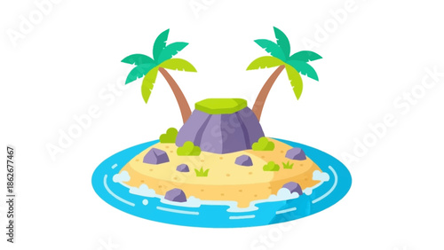 Tropical island with palm trees and rocks in the ocean.