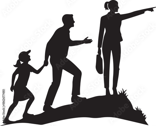 Silhouette of business woman leading family pointing to future success