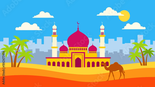 Desert Landscape with Mosque and Camel in Front of City Skyline.