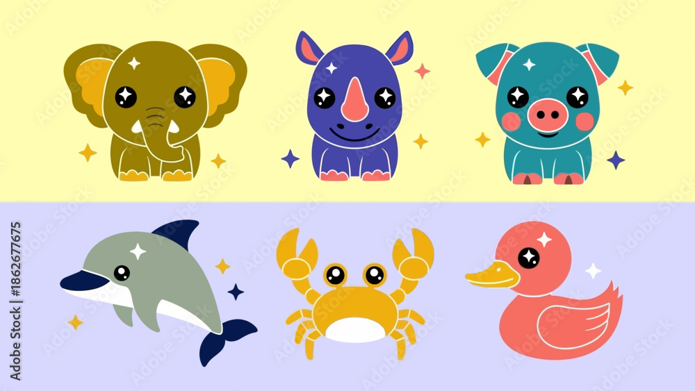Fototapeta premium Colorful cartoon animals with sparkles on pastel background.
