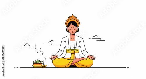 An illustration of a serene woman meditating in a lotus position with traditional Thai attire and accessories on a white background.