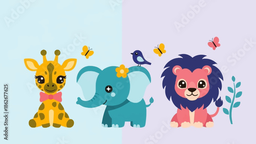 Cartoon animals with flowers and butterflies illustration.