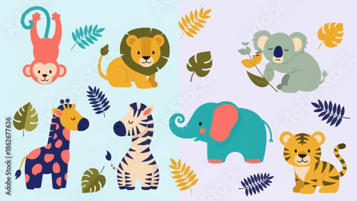 Colorful cartoon animals and leaves on a pastel background.