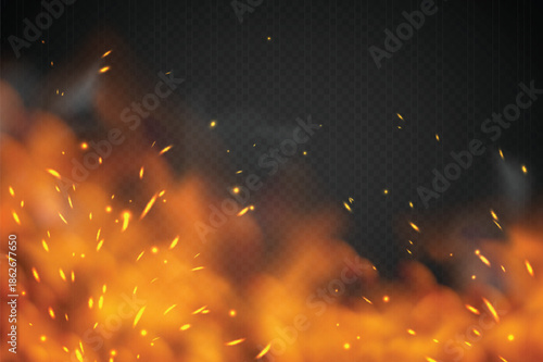 Realistic Fiery Flames and Sparks on a Dark Background.