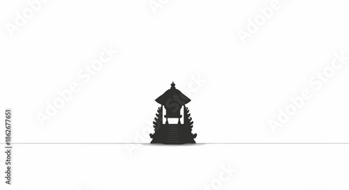 Silhouette of a small Asian-style gazebo with trees on a white background, simple minimalist composition.