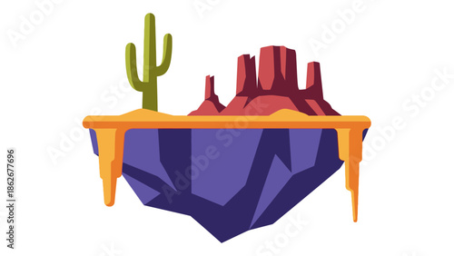 Desert landscape floating island with cactus and rock formation.