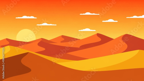 Desert Landscape with Rolling Dunes at Sunset.
