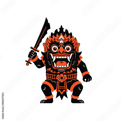 Illustration of a Balinese Barong mask character wielding a sword with a fierce expression on a white background.