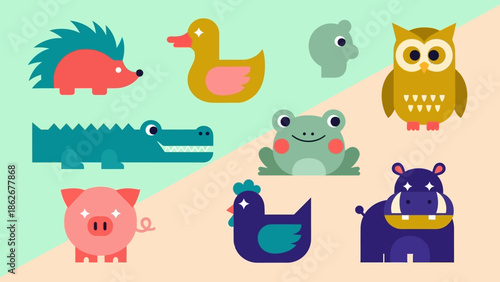 Colorful cartoon animals set on a split background.