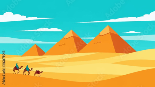 Camel riders traversing the desert landscape with majestic pyramids in the background.