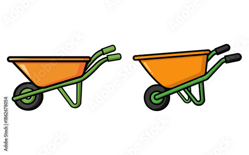 Pair of Colorful Wheelbarrow Icons for Gardening and Construction Simple Vector Illustration