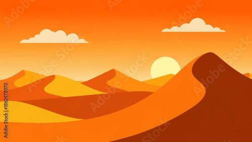 Desert landscape with sand dunes at sunset with orange sky.