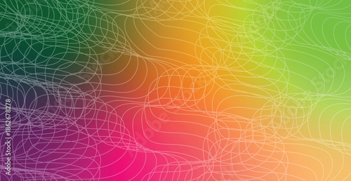 An artistic abstract background features a creative geometric pattern of colorful rainbow waves and bright pink lines over a vibrant orange vector texture backdrop