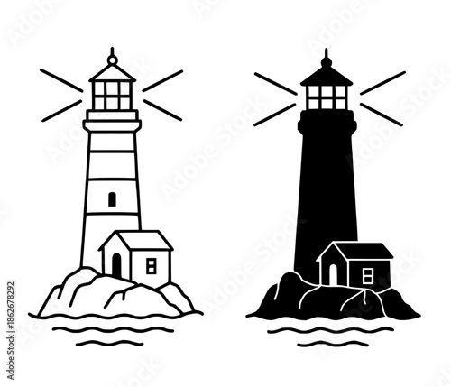 Lighthouse illustration, outline and silhouette