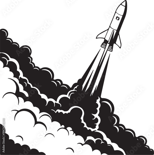 Monochrome space rocket launch icon with thick exhaust cloud