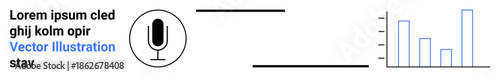 Audio technology, sound analysis, data visualization, podcasting, digital media, technology tools. Black microphone icon next to a blue bar chart. Audio technology and data visualization concept