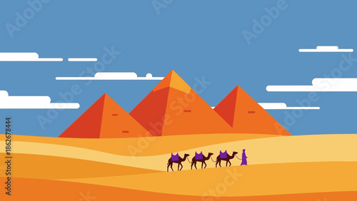 Desert landscape with camels and pyramids under blue sky.