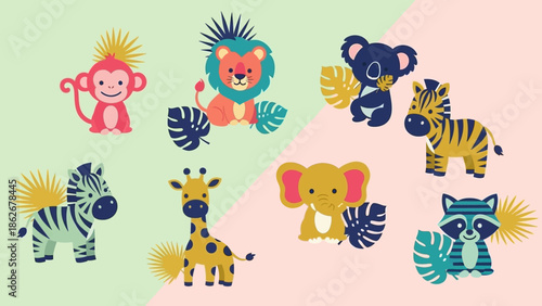 Colorful cartoon animals and leaves on pastel background.