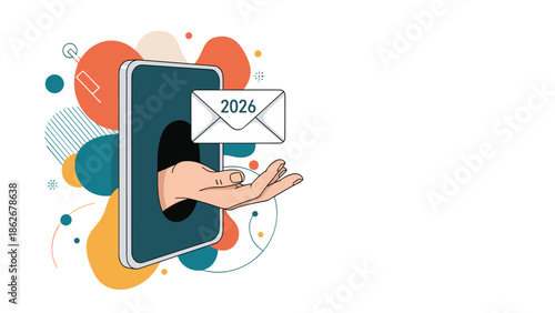 Hand emerging from a smartphone screen presenting a 2026 message envelope, symbolizing future digital communication and news.