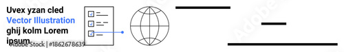Global connectivity, information sharing, data management, digital documentation, workflows, international communication. Checklist linked to globe icon. Global connectivity and data sharing concept