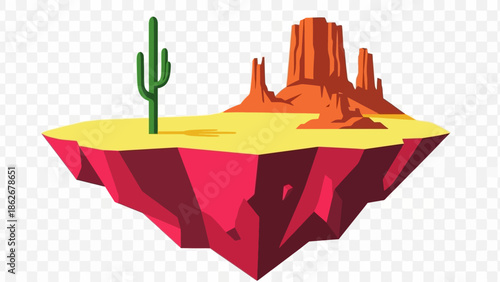 Floating Desert Island with Cactus and Rock Formations.
