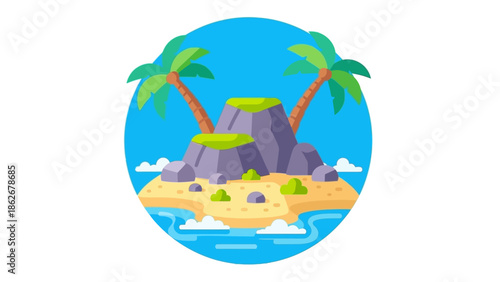 Tropical Island with Palm Trees and Rocky Outcrops.