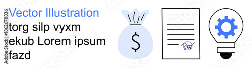 Financial transactions, partnerships, agreements, innovative ideas, business solutions, goal planning. A money bag, contract with signature and gear lightbulb icon. Financial agreements and business