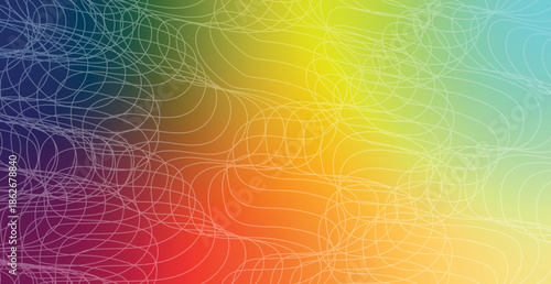 An artistic abstract background features a creative geometric pattern of colorful rainbow waves and bright pink lines over a vibrant orange vector texture backdrop