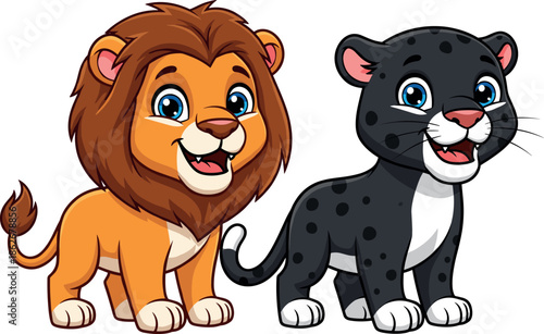 Cute Cartoon Lion Cub and Black Panther Characters Standing Together, Happy Baby Wild Cat Mascot Vector Illustration for Kids.