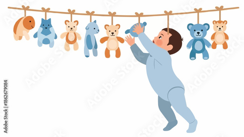 Baby Reaching for Stuffed Animals on a Clothesline.