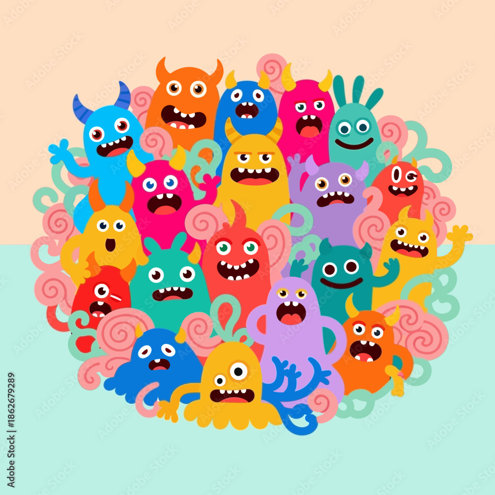 Fototapeta premium Colorful cartoon monsters gathered together in a playful illustration.