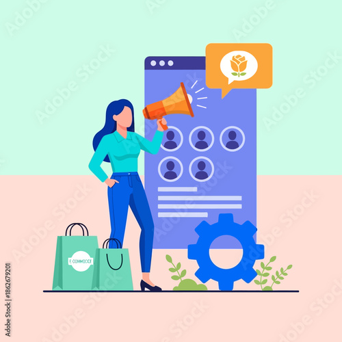 Woman promoting online shopping with megaphone and digital advertisement.