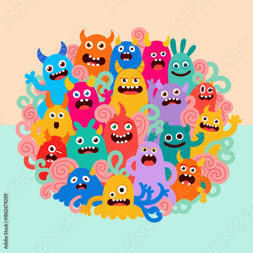 Colorful cartoon monsters gathered together in a playful illustration.