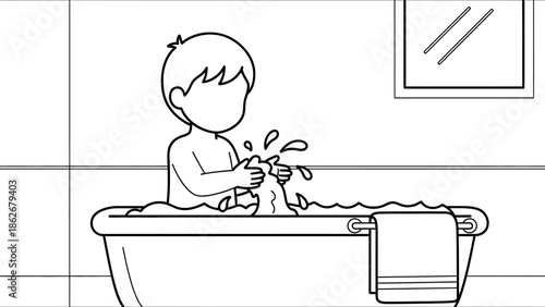 Child playing with water in bathtub, hygiene, splashing, clean, daily routine