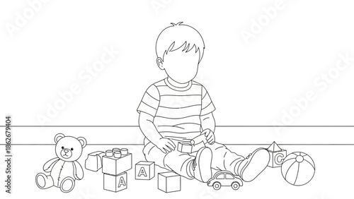 Child playing with toys, outline drawing, isolated on white background
