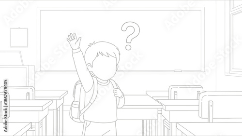 Child raising hand in classroom with question mark, learning concept