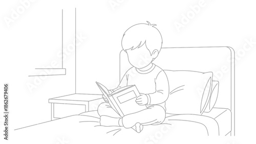 Child reading a book on bed, line art illustration