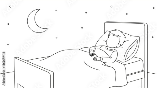 Child sleeping peacefully in bed under the moonlit night sky with stars