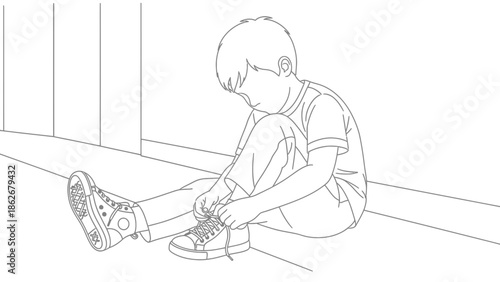 Child tying shoelaces, learning independence, simple line drawing, childhood, everyday life