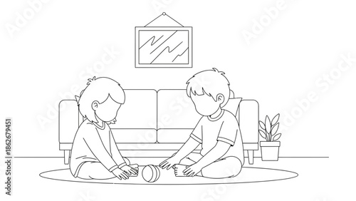 Children playing together on the floor in a living room, line art illustration