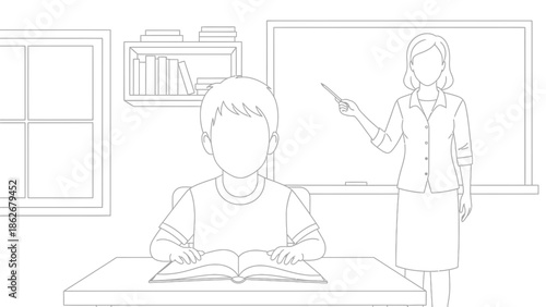 Student reading at desk with teacher pointing at board in classroom illustration