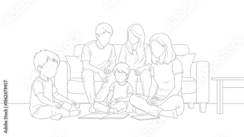 Happy family relaxing on sofa and floor, drawing and playing together