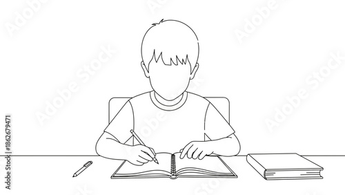Young boy writing in notebook at desk, studying, education, homework concept