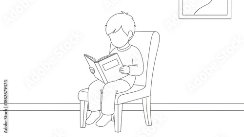 Young boy sitting on a chair reading a book, line art illustration