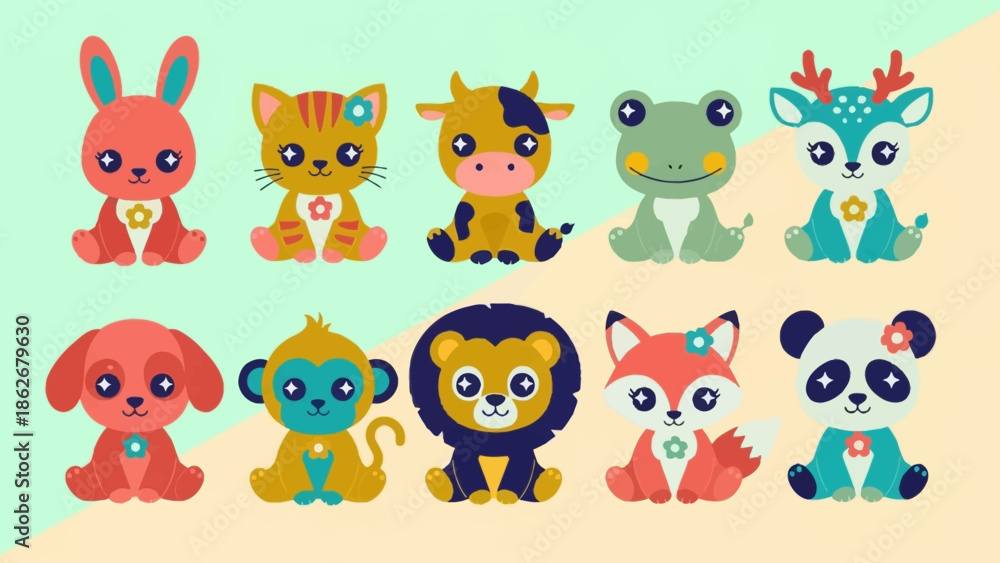 Obraz premium Colorful cartoon animal characters illustration set.