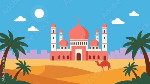 Desert landscape with mosque and camel under full moon.