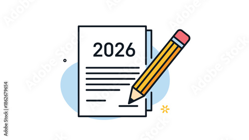 Colorful icon of a document for the year 2026 being signed with a pencil, concept for planning and setting future goals.